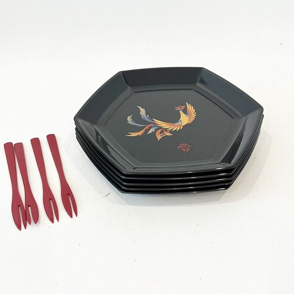 Japanese Laquerware Mid Century Set of 5 Plates 4 Forks Black Phoenix Kansai - Picture 2 of 7